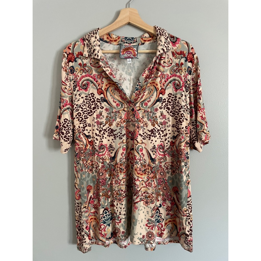 Johnny Was Top Medium Multi Paisley Floral Leopard Bamboo Stretch Eclectic